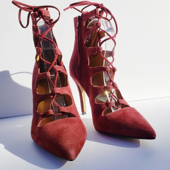 Booties Rust Wine Suede Lace Up Cage Gladiator Heels Sz 9.5 BIANCA DI - Picture 3 of 10